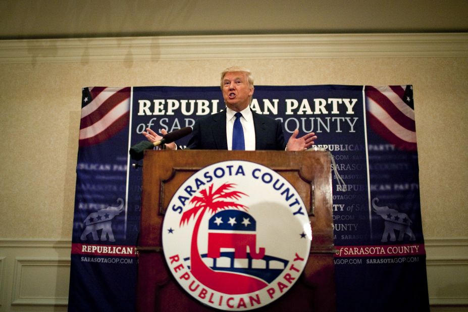 Trump speaks in Sarasota, Florida, after accepting the Statesman of the Year Award at the Sarasota GOP dinner in August 2012. It was shortly before the Republican National Convention in nearby Tampa.