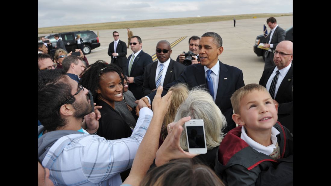 Obama greets people at Buckley Air Force Base in Aurora, Colorado, Wednesday.