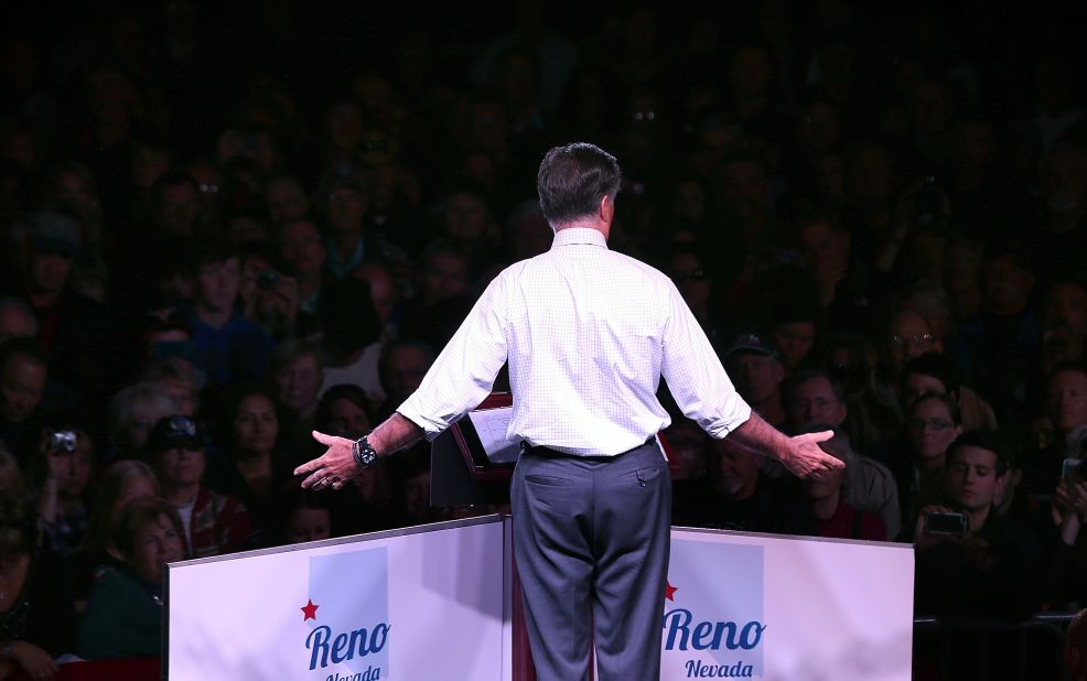 Romney gestures to the crowd during a campaign event at the Reno Event Center in Reno, Nevada on Wednesday.