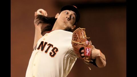 Tim Lincecum of the San Francisco Giants pitches against the Detroit Tigers in the sixth inning.
