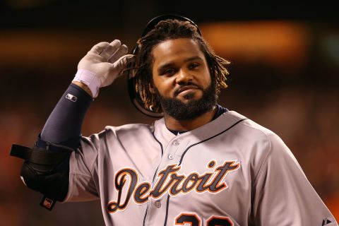 Prince Fielder of the Detroit Tigers walks back to the dugout after he lined out in the sixth inning.