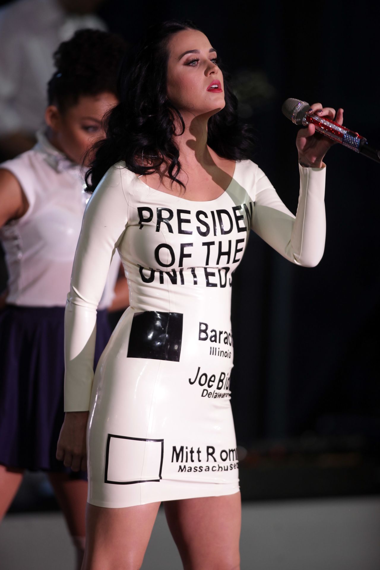 Perry gets political in a white latex ballot dress at a campaign rally for President Barack Obama on Wednesday, October 24, 2012, in Las Vegas.