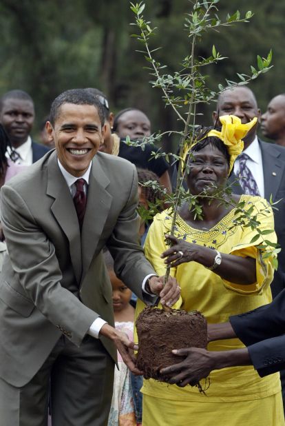 Obama also met with 2005 Nobel Peace Prize winner Wangari Mathai, the first African woman to win the prize, during a ceremony in Nairobi in 2006. 