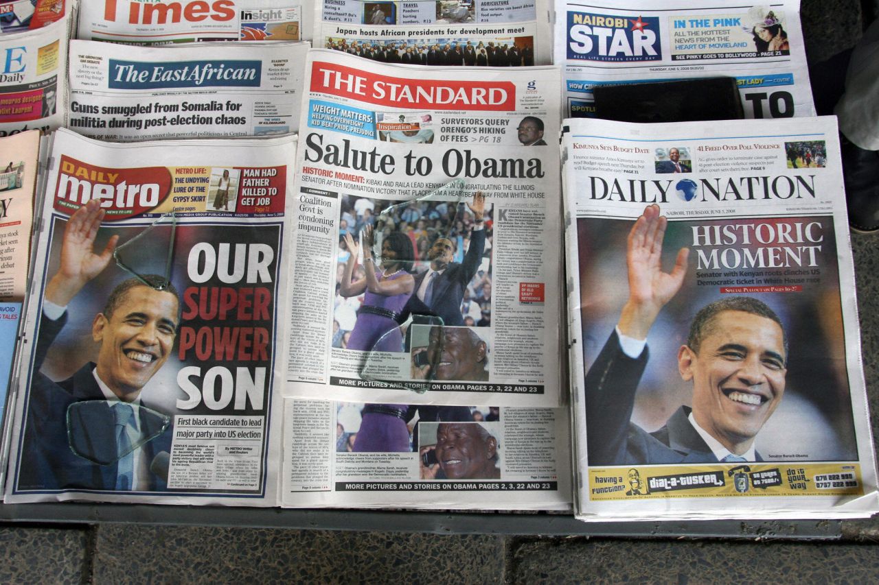 One newspaper editor told Mathiu the Obama fervor has died down over time, and that Obama spends less time on Kenyan newspapers' front pages than four years ago. Here, papers announce Obama's victory in the Democratic primary race of 2008. 