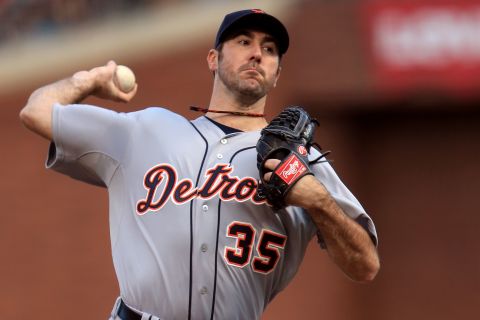 Starting pitcher Justin Verlander of the Detroit Tigers throws a pitch against the San Francisco Giants in the first inning.