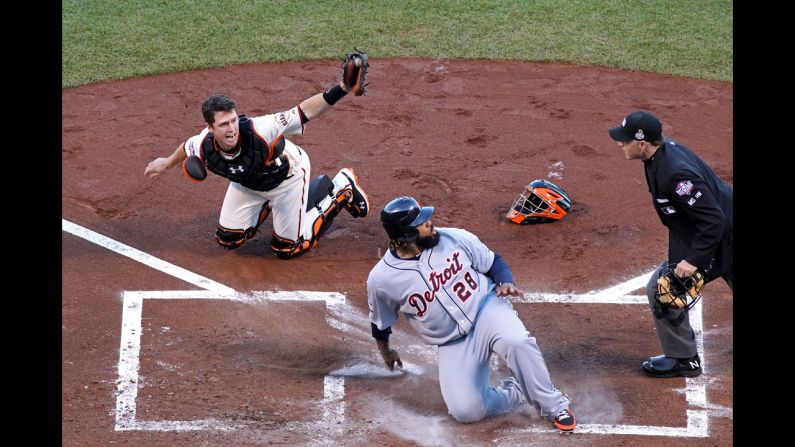 Prince Fielder of the Detroit Tigers reacts after he was called out by home plate umpire Dan Iassogna on a tag by catcher Buster Posey of the San Francisco Giants in the second inning.