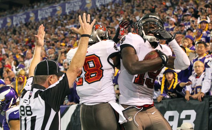 Mike Williams of the Tampa Bay Buccaneers celebrates a touchdown with teammate D.J. Ware.