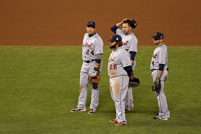 From left to right, Miguel Cabrera, Prince Fielder, Jhonny Peralta and Omar Infante of the Detroit Tigers look on during a pitching change in the seventh inning against the San Francisco Giants during Game 2 of the Major League Baseball World Series at AT&T Park in San Francisco on Thursday, October 25. <a href="http://www.cnn.com/2012/10/24/worldsport/gallery/world-series-game-1/index.html" target="_blank">See the best photos of Game 1 here.</a>