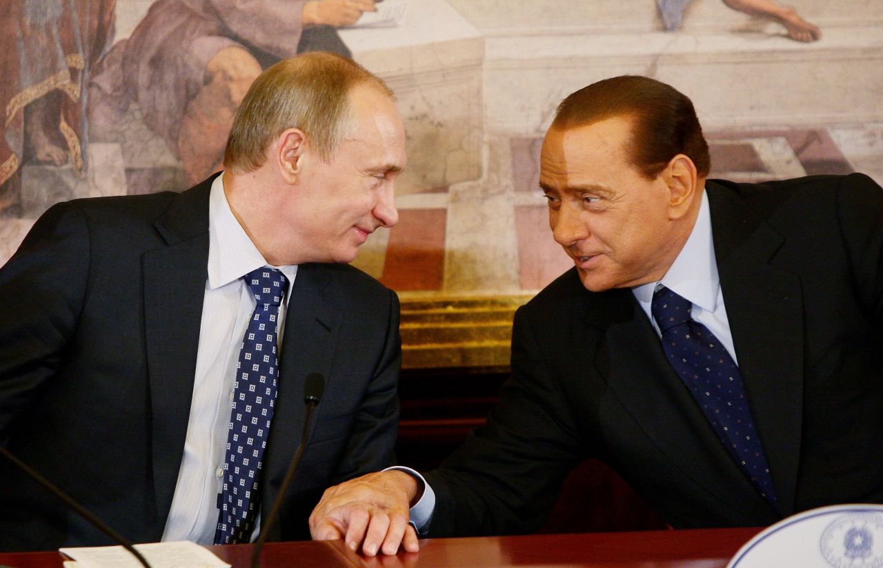 Russia's Vladimir Putin joins Berlusconi for a press conference in Lesmo, Italy, in April 2010.