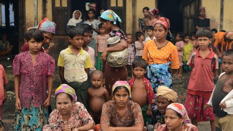 Displaced Muslim Rohingya in the courtyard of a school near Sittwe, capital of Myanmar's western Rakhine state on Oct. 11.