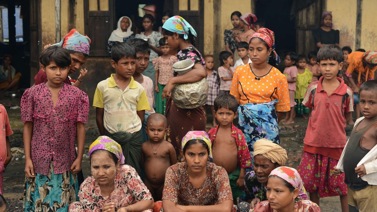 Displaced Muslim Rohingya in the courtyard of a school near Sittwe, capital of Myanmar's western Rakhine state on Oct. 11.