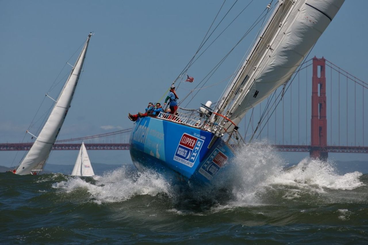 A vessel arrives in San Fransisco on leg nine of the 13-leg race. Sailors can join for just one segment or the full year-long circumnavigation.