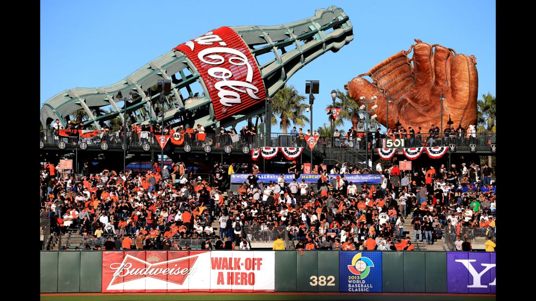 Fans fill the stadium in the outfield bleachers before the beginning of Game 2 between the San Francisco Giants and the Detroit Tigers.