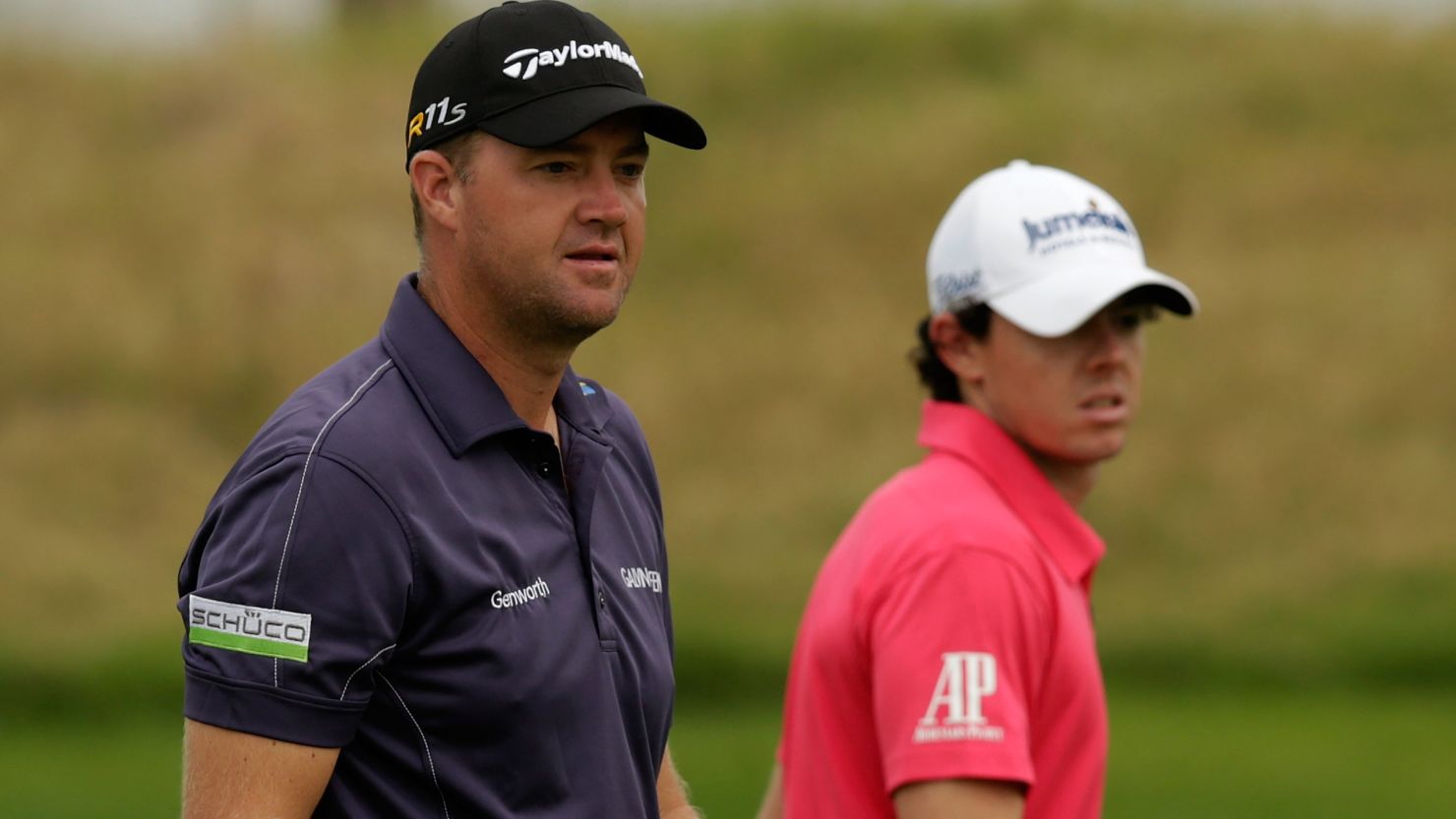 Peter Hanson, left, held a one-shot over playing partner Rory McIlroy after the third round at Lake Malaren Golf Club on Saturday.