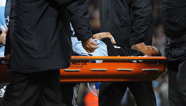Swansea City's Dutch goalkeeper Michel Vorm was taken from the pitch on a stretcher after suffering a groin injury when he failed to stop Tevez's long-range effort in the 61st minute.