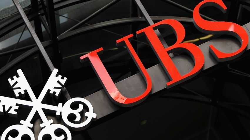 The sign for the UK headquarters of the Swiss banking group UBS after it was announced that unauthorised trades by an investment banker had cost the bank 1.3 billion GBP on September 15, 2011 in London, England.