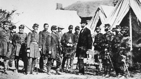 Abraham Lincoln meets with Union troops at Sharpsburg following the battle of Antietam in Maryland on October 3, 1862. 