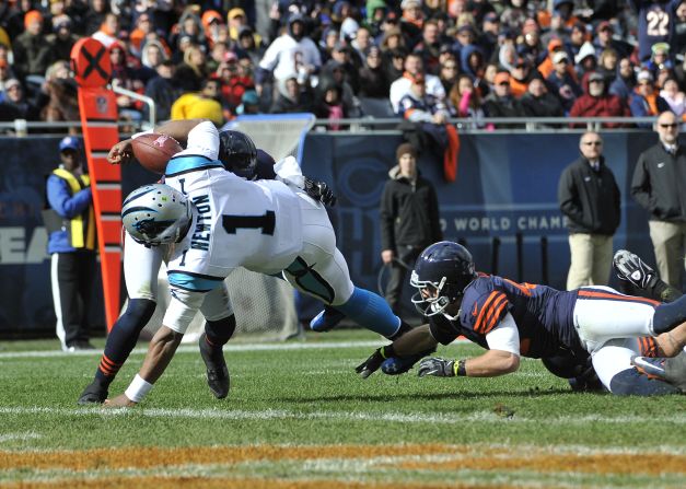 Quarterback Cam Newton of the Carolina Panthers fumbles at the goal line against the Chicago Bears during Sunday's game at Soldier Field in Chicago.