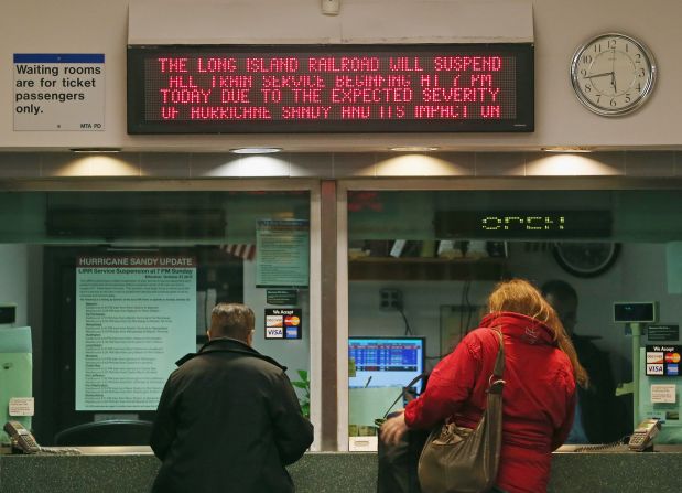 With Hurricane Sandy approaching, the Long Island Railroad announced the suspension of service at 7 p.m. Sunday in Hicksville, New York.