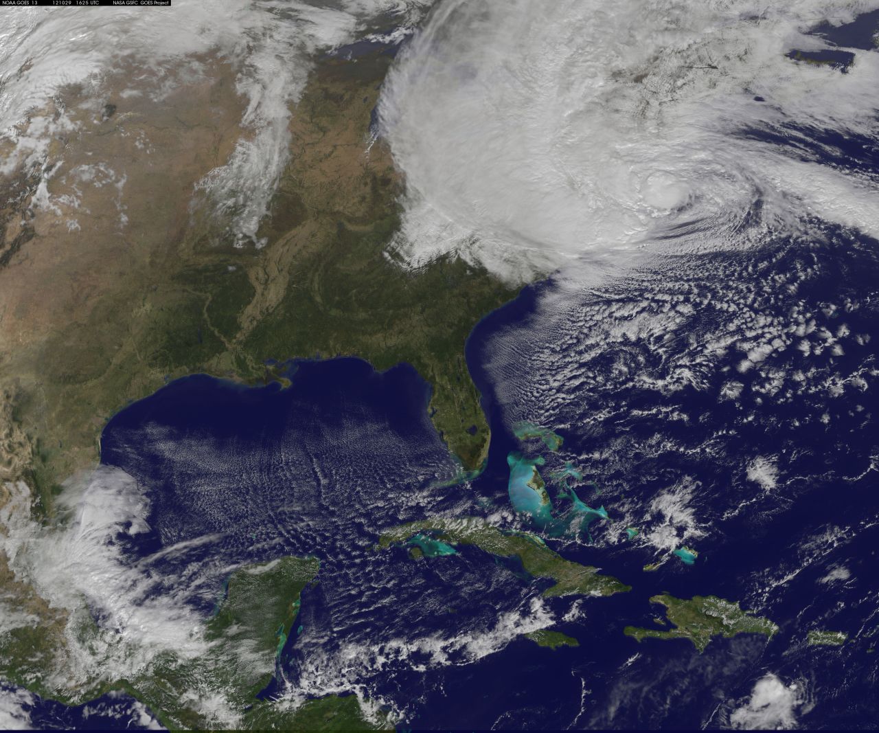 A satellite image taken at 12:25 p.m. ET Monday shows Sandy moving over the Northeast.