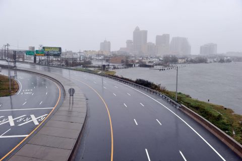 A road leading to casinos in Atlantic City is empty before the hurricane makes landfall on Monday.   