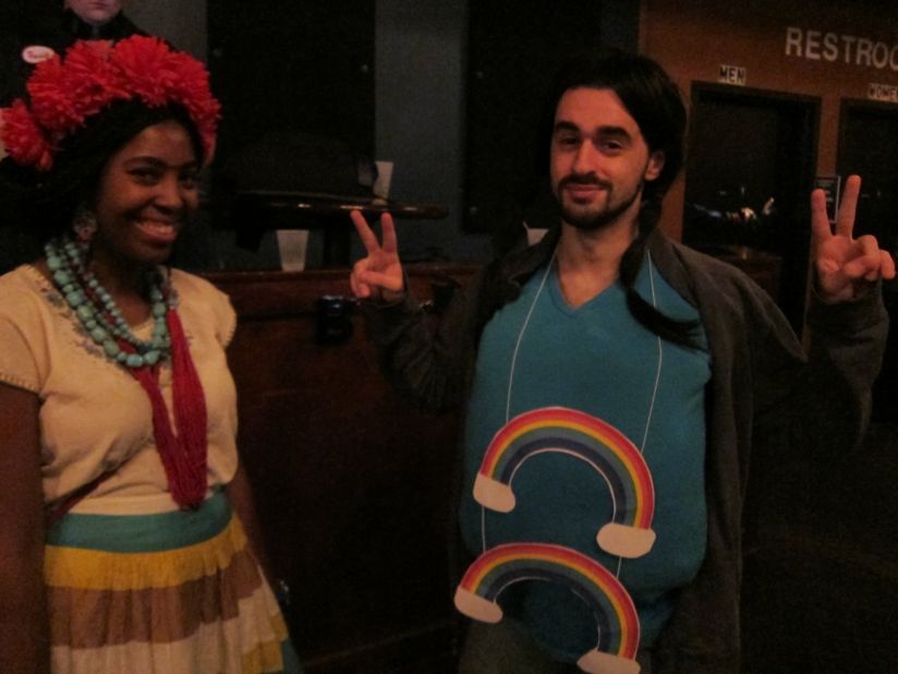 The man on the right is sporting the Double Rainbow meme at the <a href="http://ireport.cnn.com/docs/DOC-864935">HallowMEME</a> costume party.  The <a href="http://knowyourmeme.com/memes/double-rainbow" target="_blank" target="_blank">Double Rainbow</a> became an Internet sensation after the video "Yosemitebear Mountain Giant Double Rainbow 1-8-10" went viral online.