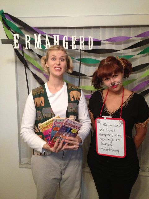 The two women above are both <a href="http://ireport.cnn.com/docs/DOC-865573">dressed as Internet memes</a>. The girl on the right is dressed as the Internet meme <a href="http://knowyourmeme.com/memes/dogshaming" target="_blank" target="_blank">Dogshaming</a>, which is a blog that posts images of dogs next to written signs of transgressions. The girl on the left is dressed as the <a href="http://knowyourmeme.com/memes/ermahgerd" target="_blank" target="_blank">Ermahgerd</a> girl.