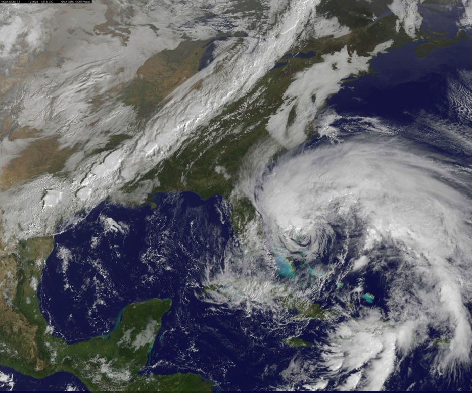 A satellite view of Hurricane Sandy shows the storm at 10:15 a.m. ET on Friday, October 26. Though it was no longer considered a hurricane when it hit the U.S., "post-tropical" Superstorm Sandy packed a hurricane-sized punch.