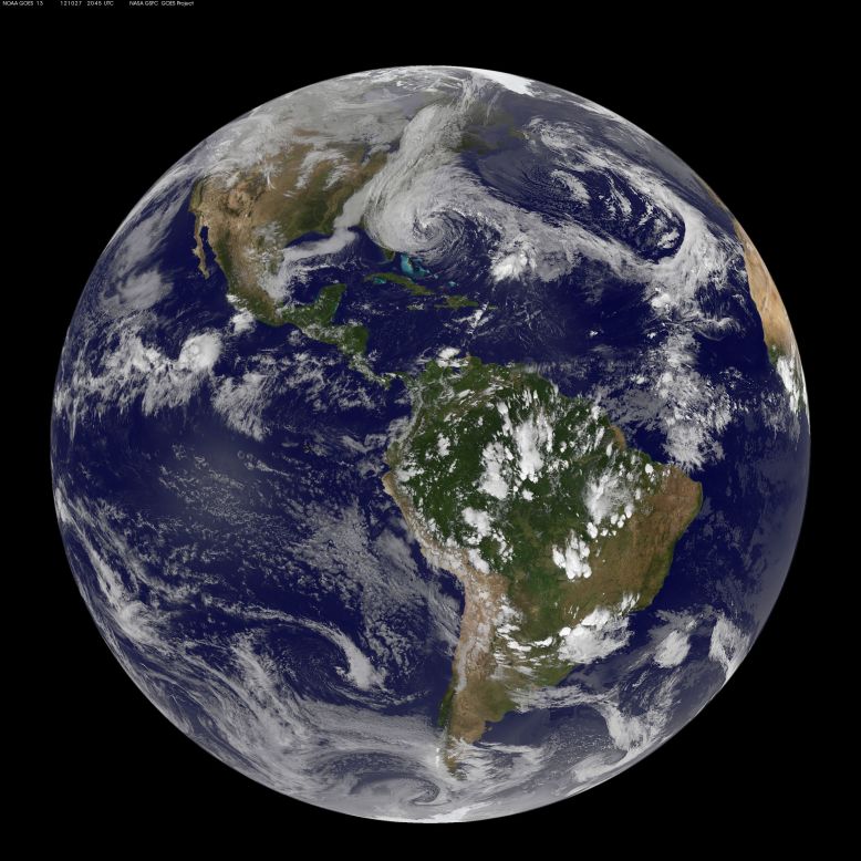 A satellite view shows Sandy's position at 2:47 p.m. ET on Saturday, October 27.