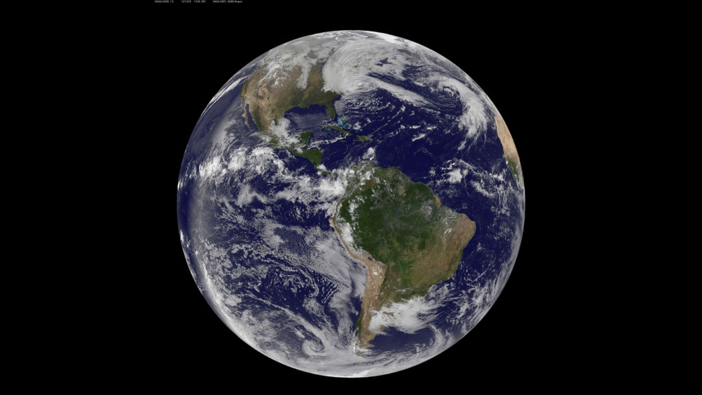 A satellite image of the Western Hemisphere shows its massive size at 2:22 p.m. on Monday, October 29.