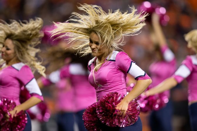 The Denver Broncos cheerleaders perform during a break.