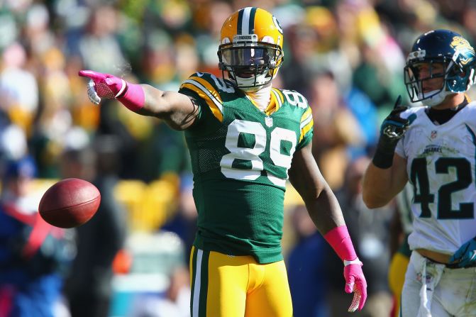 The Packers' James Jones celebrates his first down in the red zone on Sunday.