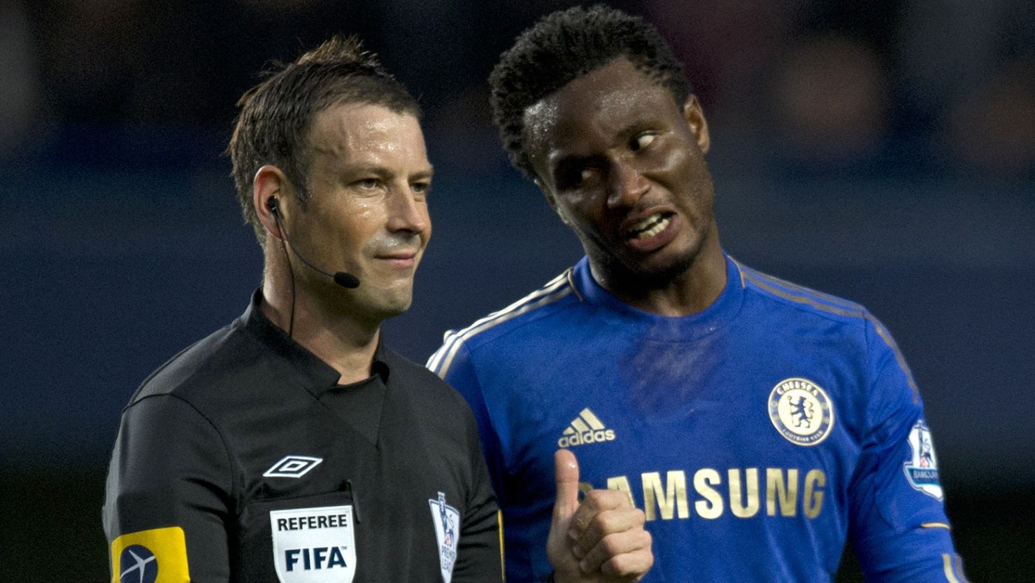Chelsea midfielder John Obi Mikel remonstrates with referee Mark Clattenburg during Sunday's 3-2 home defeat.