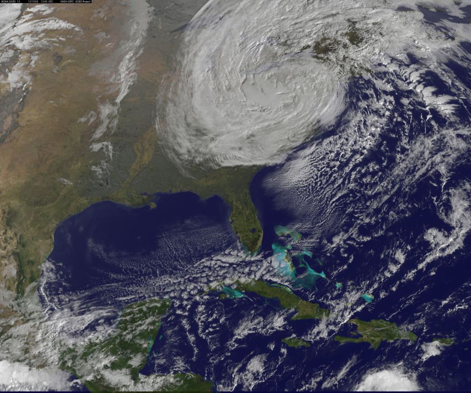 The destruction caused by Superstorm Sandy mounted Tuesday morning as electrical fires and record power outages added to the misery of devastating flooding in the Northeast. This image shows the storm at 9:40 a.m. ET on Tuesday, October 30.