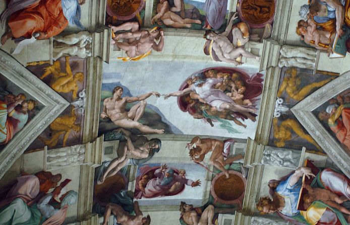 One of the most iconic parts of the ceiling is the "Creation of Adam." The ceiling features nine main panels with stories from the Old Testament's Genesis. It was completed by Michelangelo Buonarroti in 1512.