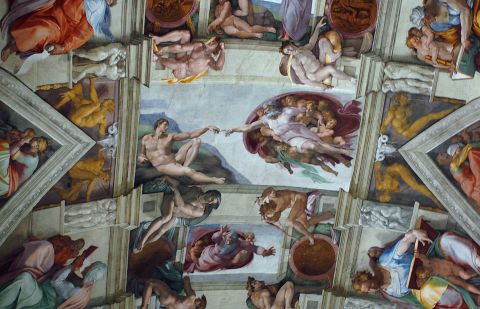 One of the most iconic parts of the ceiling is the "Creation of Adam." The ceiling features nine main panels with stories from the Old Testament's Genesis. It was completed by Michelangelo Buonarroti in 1512.