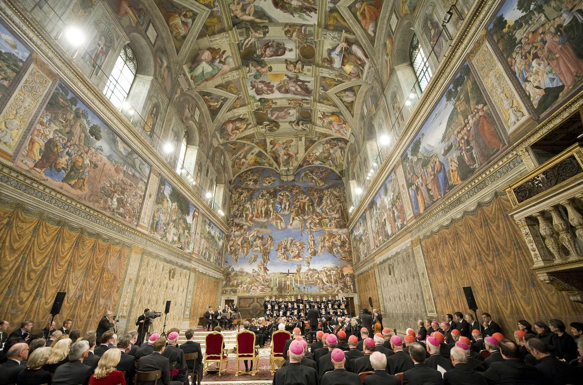 The chapel features another famous painting by Michelangelo, "The Last Judgment," seen on the far wall above the altar. It was completed in 1541.