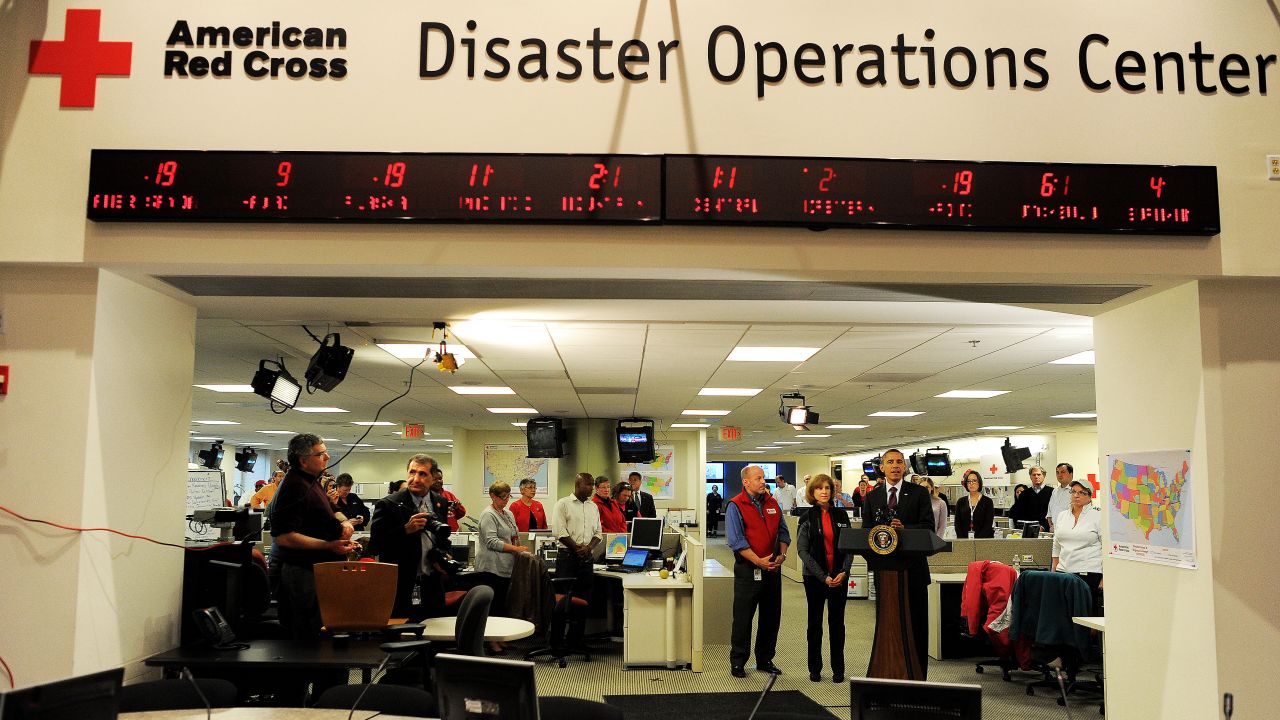 President Barack Obama outlines the federal government's response to Superstorm Sandy at the Red Cross headquarters in Washington.