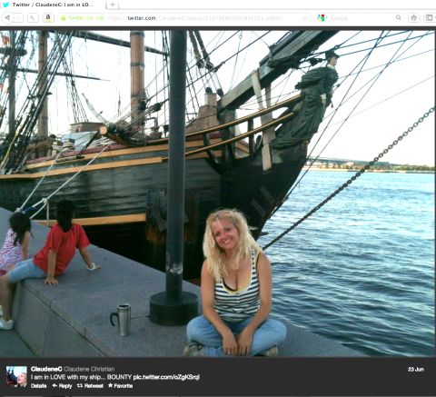 One of the vicitms was an inexperienced deckhand. Claudene Christian, 42, tweeted this photo of herself and the ship shortly after she joined the crew a few months before the disaster. "To not have her here is so hard," Hewitt said. After Hewitt's message-in-a-bottle ceremony, Christian's mother, Dina Christian, posted on Hewitt's Facebook page, "Thank you Jessica, I know you remembered Claudene." Christian's family filed a civil lawsuit against the Bounty's owners.