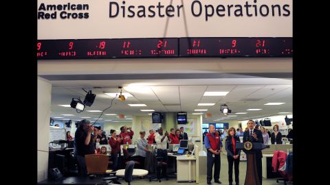 President Barack Obama speaks about the federal government's response to Superstorm Sandy at the headquarters of the Red Cross in Washington on Tuesday, October 30.
