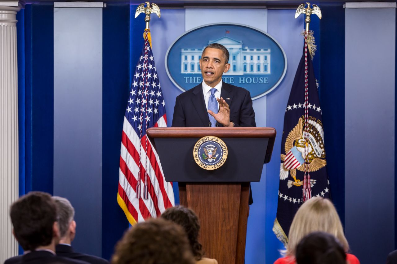 Obama makes a statement in the White House briefing room following a briefing on Hurricane Sandy on Monday in Washington. Obama returned early from a campaign trip to Florida and has canceled several other campaign events to monitor the storm.