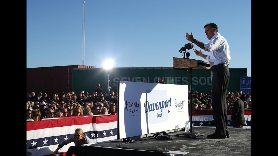 Romney speaks during a campaign rally at Seven Cities Sod on Monday in Davenport, Iowa.