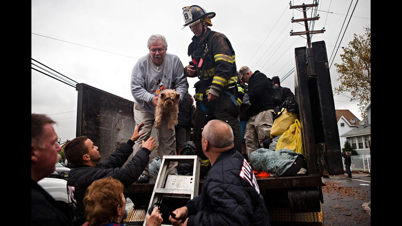 A New York City man hands a dog to first responders while being evacuated on Tuesday.