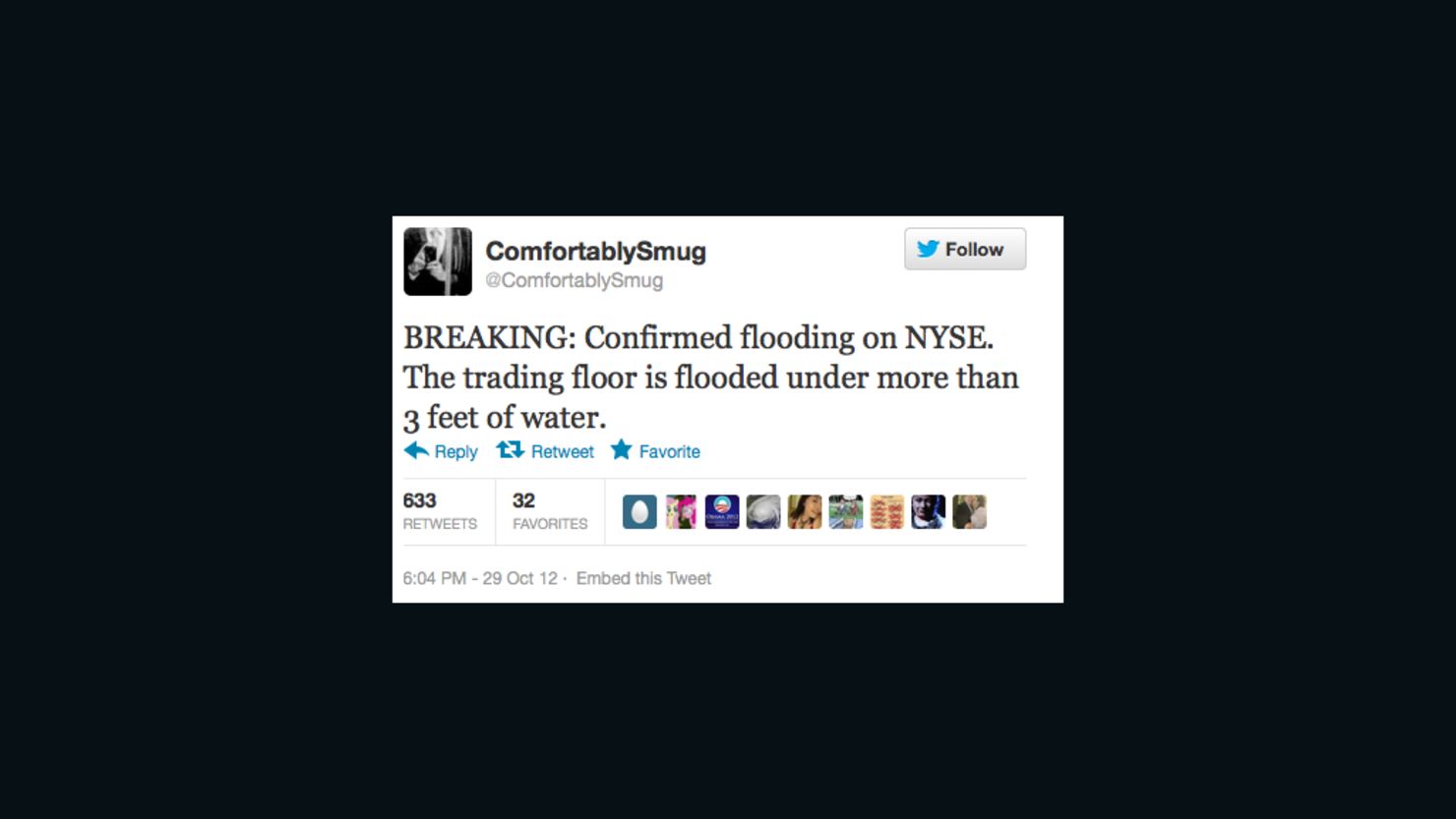 This tweet was one of several false reports posted by Twitter user @ComfortablySmug as Sandy pummeled New York.