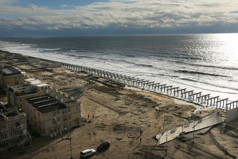 The foundations to the historic Rockaway boardwalk in Brooklyn are all that remain after it was washed away Wednesday during Hurricane Sandy.