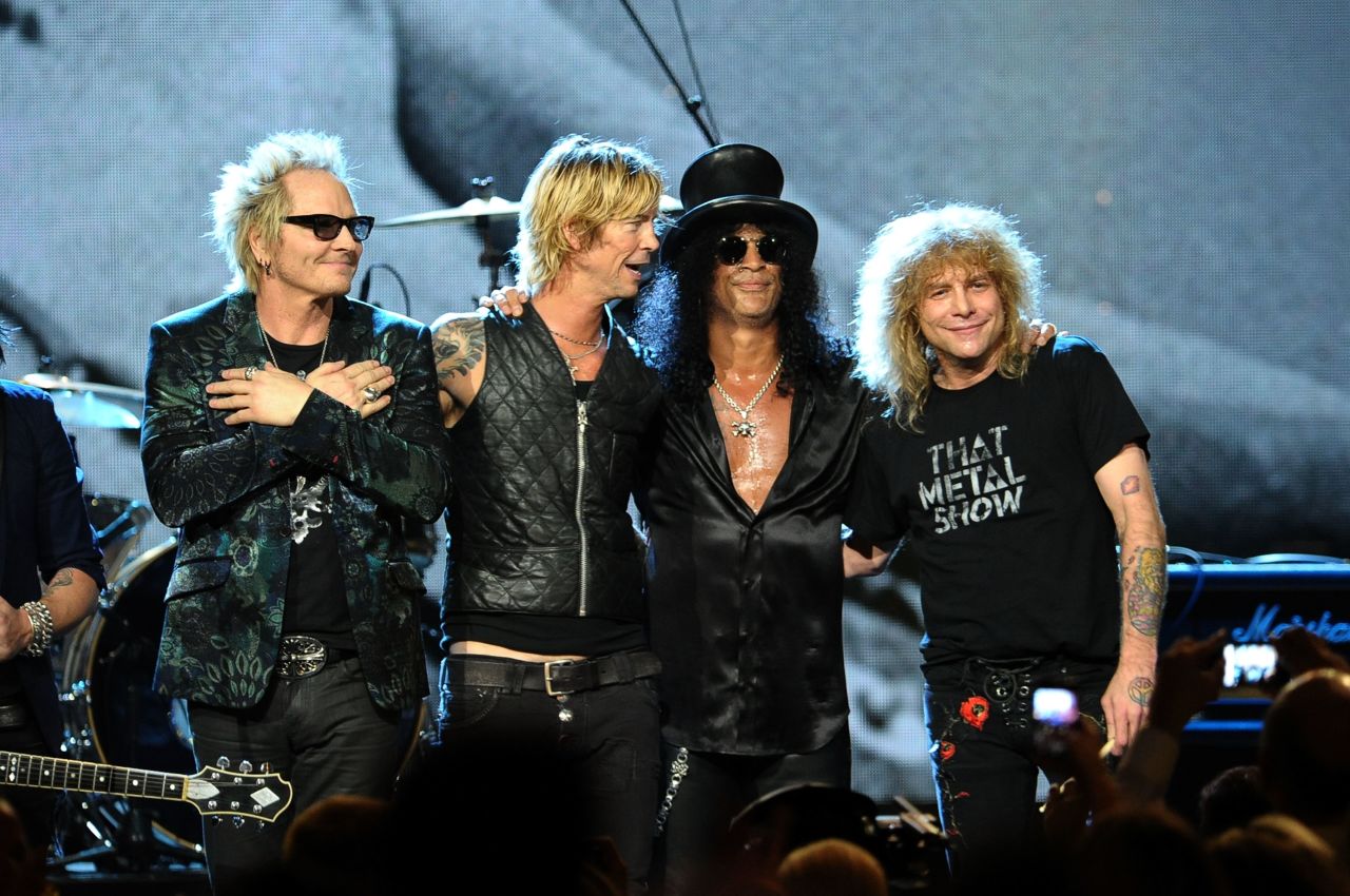 Matt Sorum, left to right, Duff McKagan, Slash and Steven Adler perform onstage during the 2012 Rock And Roll Hall of Fame Induction Ceremony in Cleveland, Ohio.