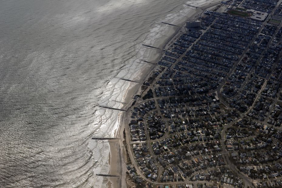 Buildings on the shoreline are pictured from Air Force One as it prepares to land in Atlantic City, New Jersey, carrying President Barack Obama, who visited areas hardest hit by the unprecedented storm.
