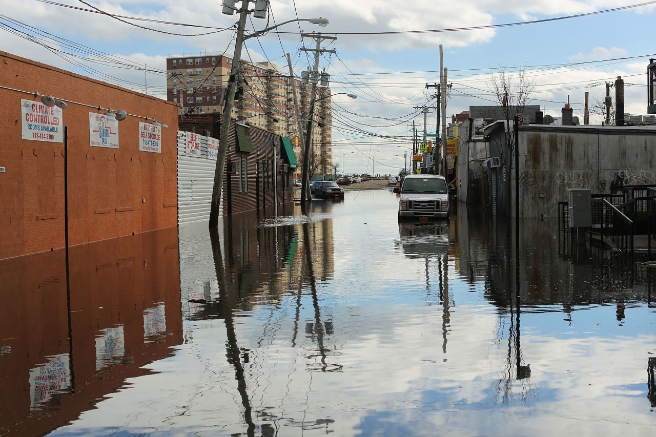 Flood-damaged streets are viewed in the Rockaway section of Queens, New York, where the historic boardwalk was washed away due to Hurricane Sandy.