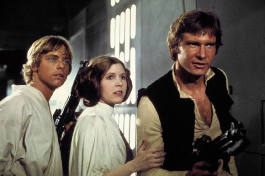 Luke, Leia and Han in a scene from the first film.