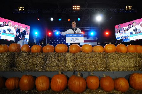 Republican presidential candidate Mitt Romney holds a campaign rally on Halloween at Metropolitan Park in Jacksonville, Florida, on Wednesday, October 31.